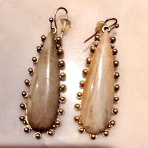 Natural Polished Stone In  Green and Cream Teardrop Earrings